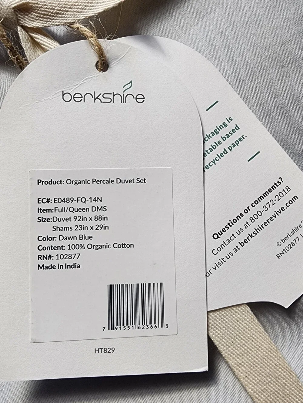 NEW! Berkshire 100% Organic Percale Cotton Duvet Set Full/Queen - Light Grey